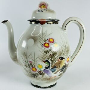 VTG Japanese Kutani Porcelain Decorative Teapot Mandarin Ducks Floral Gold Trim